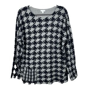 J Jill Sweater Large L Black Gray Houndstooth Long Sleeve Knit Cotton Pocket